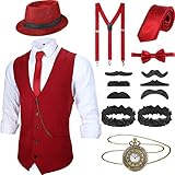 Blulu 1920er Herren Zubehör Gatsby Gangster Kleidung Kostüm Halloween Cosplay Outfit mit Weste Fedora Hut Taschenuhr Hosenträger Fliege für Mann Halloween Cosplay (M, Weinrot)