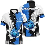 Schwarz-Weißes Bowling Liga Trikot mit Feuerdesign, Personalisiertes Herren & Damen Polo & Viertelreißverschluss Shirt, Geschenk für Bowlerinnen | Blau N7189