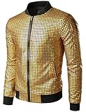 JOGAL Herren Metallic Pailletten Baseball Bomberjacke 70er Disco Party Kostüm Medium Gold