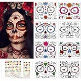 Halloween Temporäre Tattoo Totenkopf, 10 Stück Skelett Halloween Tattoo Gesicht, Dia de Los Muertos Tattoo, Skelett Schminke Gesichtstattoo, Make up Aufkleber für Halloween Karneval Fasching Party