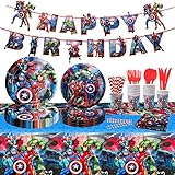 Wirhaut 92 Stück Partygeschirr Geburtstagsdeko Set mit Avengers, Deko Geburtstag Kinder, Party Dekoration Supplies Geschirr Teller Becher Tasse Tischdecke Servietten Pull Flag(10 Gäste)
