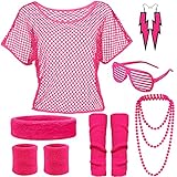 YADODO 90er 80er Jahre Outfit Damen Netzoberteil Accessoire Off Shoulder Netzshirt 80erJahre Kleidung 80iger Schlagerparty Bad Taste Frauen Neon Party (Rosa)