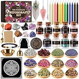 VIPNAJI Starter Witch Kit 64 Stück Witchcraft Kit,Kerzen Kleine,Trockenblumen,Kristallen,Messlöffel,Pergamentpapier,Getrommelte Edelstein-Kristallchips für Chimes,Magie,Hexerei,wünsch dir was,Rituale