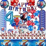 92 Stück Spider Geburtstagsdeko 4 Jahre, Geburtstag Partygeschirr Set Kinder, Anime Geburtstag 4 Party Deko, Party Tableware, Kinder Geburtstag Party Dekoration Teller Becher Servietten Tischdecke