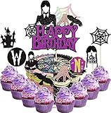 25 Stück Mittwoch Addams Happy Birthday Tortendeko Glitzer Wednesday Addams Kuchen Deko Spider Web Thing Hand Wednesday Mädchen Cake Topper für Fantasy Horror Mittwoch Kinder Geburtstag Party