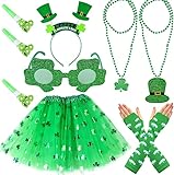 iZoeL St. Patrick's Day Accessoire Damen Mädchen Kleeblatt Tutu Stirnband Brille Halskette Handschuhe Irisches Make up Party Kostüm Feier Outfit Set