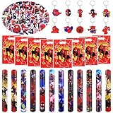 82 Pcs Mitgebsel Kindergeburtstag, Spider Party Mitgebsel Spielzeug Geburtstagsdeko 12 Schnapparmband Kinder 10 Schlüsselschnalle 50 Aufkleber 10 Geburtstagstüten Geburtstag Deko Zubehör Gadget