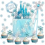 Eiskönigin Tortendeko, Schneeflocken Tortendeko mit Schloss Schneeflocke Konfetti Weiß Silber,Kuchen Topper Glitter,Geburtstag Tortendeko Mädchen,hochzeitstorte Cake Topper, Weihnachten Kuchendeko