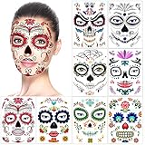 HOWAF 8 Blätter Halloween Tattoo Gesicht Tag der Toten Totenkopf Skelett temporäre Gesicht Tattoo Aufkleber für Herren Damen Halloween Make up Deko Dia De Los Muertos Kostüm