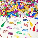 60g Silvester Deko 2025, Happy New Year Konfetti Glitzer Tischdeko Neujahr, Buntes Silvester Konfetti aus Folie, Sterne und Weingläser, Perfekt für Feier, Jahrestag und Neujahrsdeko