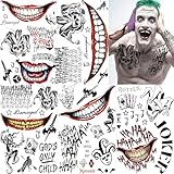 EGMBGM 5 Blatt Gruselig Joker Tattoos Männer Frauen Klebetattoos Erwachsene, Halloween Schminke Gesicht Make UP Kostüm, Fake Gefangener Clown Temporäre zum Aufkleben Festival Must Haves