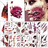 Halloween Tattoo, Huarsion 24 Blätter Halloween Schminke Zombie Narben Tattoo Wunden Kunstblut Horror Gruselig Tattoo Aufkleber Temporäre Tattoos Halloween Kostüm Makeup Requisiten