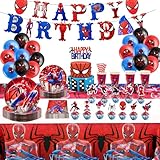 Spidey Geburtstagsdeko, 106 Stück Spid Geburtstagsparty Deko Partygeschirr Set, Kindergeburtstag Dekoration Luftballon Banner Tischdecke Teller für Kinder Jungen Theme Geburtstagsdeko Supplies