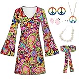 Ronronner Hippie Kleidung Damen,5 StüCk 60 Er 70er Jahre Hippie Kleid,Halskette Ohrringe Sonnenbrille Disco Fever Kleidung Frau Frauen Damen Kleid FüR Karneval Motto Party,Halloween KostüM Damen