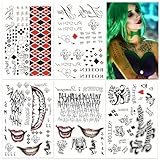 Harley Quinn Tattoo, Tattoos Joker, 5 Large Sheets Temporäre Tattoo Tticker, Kostüm für Halloween Party Cosplay Karneval Fasching Accessoires