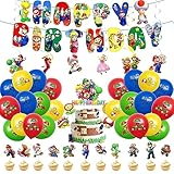 48Pcs Luftballon Geburtstag Deko Jungen Mädchen Ma- rio Ballon Geburtstagsdeko Super Bros Happy Birthday Banner Cake Cupcake Toppers Hängen Wirbel für Kindergeburtstag Party Supplies Deko