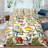 Loussiesd Kinder Bettwäsche Set Cartoon Dino 135x200 cm Dinosaurier Jungen Bettbezug für Mädchen Kids Microfaser Himmlische Qualität Betten mit 1 Kissenbezug 80x80cm Einzelbett 2 teilig
