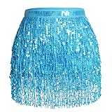 Glitzer Damen Rock Pailletten Rock Bauchtanz Kostüm Mini Rock Cowgirl Kostüm Tanzkleid Rave Outfit Hüfttuch Kostüm für Damen und Mädchen (DE/NL/SE/PL, Alphanumerisch, M, Regular, Regular, Blau)