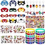 90Pcs Superhelden Mitgebsel Kindergeburtstag, Geburtstagsdeko Geburtstag Deko 12 Silikon Armbänder 12 Masken 12 Schlüsselschnalle 4 Tattoo 50 Aufkleber Zubehör Gadget Kinder