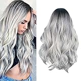 Fivtsme Perücke Grau Damen, Peruecken Damen, Ombre Silber Grau Lang Lockig, Lange Gewellt Ombre Schwarz Grau Perücken, Natürliche Synthetische Haare, Perücke Damen für AlltagKostümparty Halloween