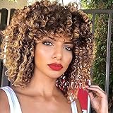 PORSMEER Lockige Afro Perücke Ombre Blond Natürliche Kunsthaar mit Pony für Frauen Schulterlänge Afro Kinky Curly Bob Wig Volume für Schwarze Damen,14 Zoll schwarz mix blond
