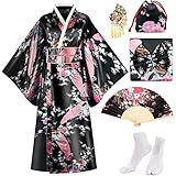 PLULON 5 Stück japanische Kimono-Robe, Geisha-Yukata-Kleid, Pfauenblüten-Satin-Bademantel mit Zubehör für Damen