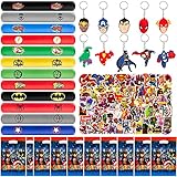 82Pcs Superhelden Mitgebsel Kindergeburtstag, Geburtstagsdeko Mitgebsel Geburtstag Deko Party 12 Schnapparmband 50 Aufkleber 10 Geburtstagstüten 10 Schlüsselschnalle für Junge Mädchen