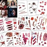 30 Blätt Halloween Tattoo Narben, Halloween Gesicht Schminke Wirkende Narben Wunden Tattoo Aufkleber, Vampir Zombie Blut Tattoo für Cosplay Party Deko Zubehör Kinder Erwachsener Make-up Requisiten