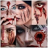 HUHUDAY Temporäre Tattoos, Halloween Tattoos Narben, 150 PCS Wasserdicht, Halloween Zombie Scars Tattoos Aufkleber mit gefälschten Scab Blut Spezial Fx Kostüm Makeup Stützen